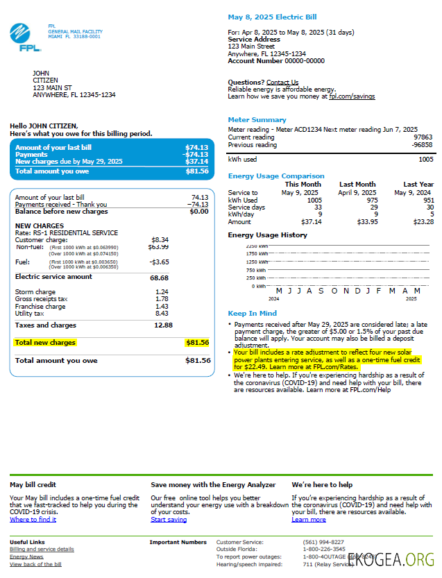 USA FPL utility bill template in Word and PDF formats, version 2